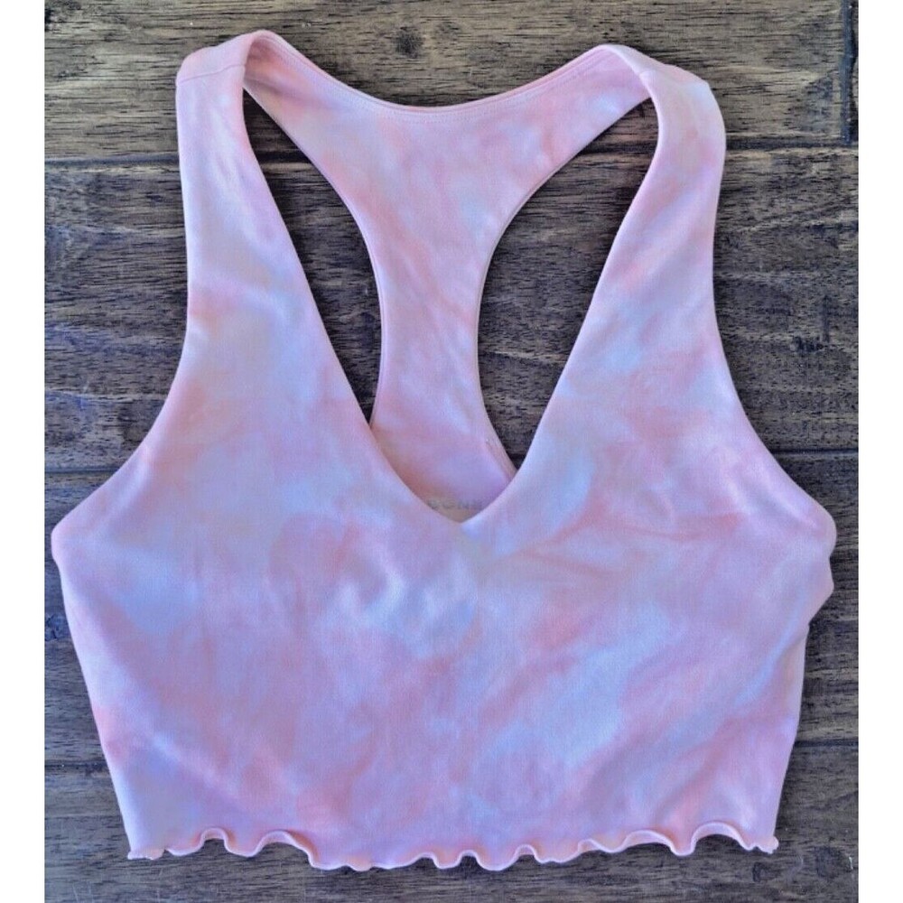 Carbon38 Women's Sports Bra Small Pink Tie Dye Ruffle Hem V neck Racerback